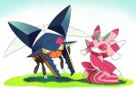  10s ^_^ blush claws closed_eyes flower flower_on_head flying gradient gradient_background grass horns insect insect_wings kan&#039;oke_maru lurantis mandibles no_humans pink_eyes pokemon pokemon_(creature) pokemon_(game) pokemon_sm seiza sitting sweatdrop vikavolt wings yellow_eyes 