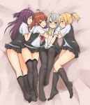  4girls ahoge arashi_(kantai_collection) ascot bangs belt black_legwear black_vest blonde_hair blue_eyes blush brown_eyes cassandra_(seishun_katsu_sando) closed_eyes closed_mouth collared_shirt eyebrows eyebrows_visible_through_hair gloves grey_hair hagikaze_(kantai_collection) hand_on_another&#039;s_shoulder highres kantai_collection kneehighs legs looking_at_another looking_at_viewer lying maikaze_(kantai_collection) multiple_girls necktie no_shoes nose_blush nowaki_(kantai_collection) on_back on_side open_mouth pantyhose pleated_skirt pocket ponytail profile purple_hair redhead shirt short_hair short_ponytail skirt sleeveless smile sweatdrop thigh-highs white_gloves white_shirt yellow_necktie 
