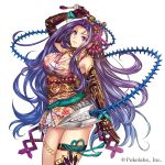  1girl arm_up ass bare_shoulders belt blade breasts cleavage company_name cowboy_shot elbow_gloves eyes_visible_through_hair floral_print flower gloves hair_ornament holding holding_weapon japanese_clothes jewelry kimono large_breasts long_hair looking_at_viewer madogawa multicolored_eyes necklace obi official_art purple_hair ribbon rope sash sengoku_gensoukyoku short_kimono simple_background sleeveless smile solo spikes tassel underbust very_long_hair violet_eyes wavy_hair weapon whip white_background 