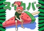  1boy barefoot domino_mask food fruit hands_clasped high_ponytail highres inkling kona_(19911212) male_focus mask pink_eyes pink_hair pointy_ears ponytail popsicle shirt shorts sitting solo splatoon striped striped_shirt tentacle_hair topknot watermelon watermelon_bar 