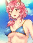  1girl alternate_hairstyle animal_ears aoi_chimaki bare_shoulders bikini bikini_top blue_sky blush breasts cleavage clouds collarbone fate/extra fate/extra_ccc fate/grand_order fate_(series) fishing_hook fishing_line fox_ears hair_between_eyes hair_over_shoulder large_breasts lens_flare looking_down open_mouth pink_hair ponytail short_hair sky solo sweat sweatdrop swimsuit tamamo_(fate)_(all) tamamo_no_mae_(swimsuit_lancer)_(fate) underboob upper_body yellow_eyes 
