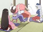  4girls animal_ears barefoot black_hair braid brown_hair commentary_request d:&lt; german_suplex grey_eyes houraisan_kaguya inaba_tewi long_hair multiple_girls open_mouth purple_hair rabbit_ears red_eyes reisen_udongein_inaba seiza shirosato silver_hair sitting smile suplex tiptoes toes touhou very_long_hair yagokoro_eirin zabuton 