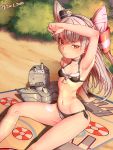  1girl adapted_costume amatsukaze_(kantai_collection) arm_up armpits bare_shoulders bikini breasts bush choker collarbone hair_tubes half-closed_eye highres kantai_collection lifebuoy long_hair navel o_o orange_eyes plant rensouhou-kun side-tie_bikini silver_hair sitting small_breasts solid_circle_eyes sun_glare swimsuit towel twintails twitter_username two_side_up vanety windsock 