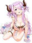  1girl arm_support bangs bare_shoulders bikini blue_eyes blush breasts cleavage collarbone commentary_request demon_horns doraf double_bun earrings frilled_bikini frills front-tie_top granblue_fantasy hair_ornament hair_over_one_eye hairclip horns jewelry kohane large_breasts lavender_hair long_hair looking_at_viewer low_tied_hair narumeia_(granblue_fantasy) navel open_mouth pointy_ears sandals side-tie_bikini sitting smile solo swimsuit thigh_strap very_long_hair white_bikini white_swimsuit yokozuwari 