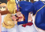  2girls ahoge bare_shoulders blonde_hair blush dress fate/apocrypha fate/stay_night fate_(series) girl_on_top highres incest lying midriff mother_and_daughter multiple_girls on_back ponytail saber saber_of_red takara_joney teeth yuri 