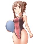  1girl blush breasts brown_eyes brown_hair competition_swimsuit covered_navel hair_bun idolmaster idolmaster_cinderella_girls kickboard long_hair looking_at_viewer mizumoto_yukari one-piece_swimsuit pataniito smile solo standing swimsuit 