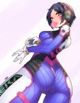  1girl ass bangs black_hair bodysuit breasts bubblegum cosplay d.va_(overwatch) d.va_(overwatch)_(cosplay) gloves hayami_kanade headphones highres idolmaster idolmaster_cinderella_girls jjune looking_at_viewer overwatch parted_bangs pilot_suit short_hair simple_background solo whisker_markings yellow_eyes 