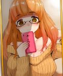  1girl bangs bare_shoulders blunt_bangs blush breasts brown_eyes brown_hair cellphone cleavage girls_und_panzer glasses han_(jackpot) large_breasts long_hair looking_at_viewer off-shoulder_sweater phone self_shot smartphone smile solo sweater takebe_saori upper_body 
