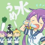  &gt;_&lt; 4girls akebono_(kantai_collection) bandaid bandaid_on_face bangs bell black_hair brown_hair closed_eyes commentary_request crab daikon drinking eel flower glass hair_bell hair_bobbles hair_flower hair_ornament hand_on_hip highres kantai_collection long_hair multiple_girls oboro_(kantai_collection) open_mouth otoufu pink_hair purple_hair sazanami_(kantai_collection) school_uniform serafuku short_hair sitting sitting_on_head sitting_on_person translation_request ushio_(kantai_collection) water 