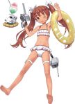  1girl ;d bare_shoulders barefoot bikini brown_eyes brown_hair drink fang feet gun hair_ribbon holding holding_gun holding_weapon innertube jiji kantai_collection libeccio_(kantai_collection) long_hair looking_at_viewer navel official_art one_eye_closed open_mouth ribbon shaved_ice smile soles swimsuit thigh_strap turret twintails weapon white_bikini 