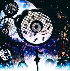  1girl akemi_homura clock earth female from_side gears harada_miyuki long_hair magical_girl mahou_shoujo_madoka_magica miniskirt petite planet shaft skirt solo standing 