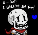 1boy armor battle_damage black_background chibi english grin gyate_gyate heart lowres male_focus papyrus_(undertale) scarf simple_background skeleton smile solo source_quote spoilers sweat undertale upper_body yaruky 