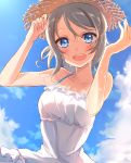  1girl blue_eyes blush breasts brown_hair dress hat highres looking_at_viewer love_live! love_live!_sunshine!! open_mouth satoimo_chika short_hair smile solo straw_hat sundress watanabe_you 