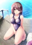  1girl akatuti bare_shoulders barefoot blush breasts brown_eyes brown_hair competition_swimsuit highres kneeling looking_at_viewer one-piece_swimsuit original parted_lips railing short_hair smile solo swimsuit water wet wet_clothes wet_swimsuit 