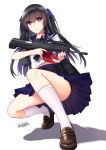  1girl 2016 absurdres allenes artist_name assault_rifle bangs belt belt_pouch black_hair black_panties blue_eyes blue_ribbon blue_skirt blunt_bangs brown_shoes bullpup dated eyebrows eyebrows_visible_through_hair gun hair_ribbon highres holding holding_gun holding_weapon kneehighs loafers long_hair neckerchief original panties panty_peek pleated_skirt pocket ribbon rifle school_uniform serafuku shirt shoes short_sleeves simple_background skirt squatting trigger_discipline twintails underwear upskirt very_long_hair weapon weapon_request white_hair white_legwear white_shirt 