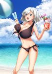  1girl alternate_breast_size ball bare_shoulders beach beachball bikini black_bikini blue_eyes blue_sky breasts cleavage clouds cloudy_sky collarbone drinking_straw food hair_ornament hair_over_one_eye hairclip hamakaze_(kantai_collection) holding_drinking_glass huge_breasts ice_cream kantai_collection nakamura_kusata navel ocean open_mouth sand short_hair silver_hair sky solo standing swimsuit water 