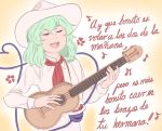  1girl ascot beamed_quavers bow closed_eyes collared_shirt green_hair guitar hat hat_bow heart heart_of_string instrument komeiji_koishi long_sleeves mefomefo music musical_note open_mouth playing_instrument quaver round_teeth shirt short_hair singing solo spanish string teeth third_eye touhou translation_request 