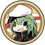  1girl anchor_symbol black_eyes cape chibi eyepatch face fang gold_trim green_hair hat kantai_collection kiso_(kantai_collection) looking_at_viewer open_mouth sailor_hat smile solo transparent_background upper_body yam-potong 