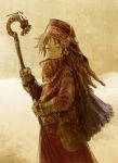  1girl belt braid brown_eyes brown_hair dragonfly fingerless_gloves gloves headwear holding holding_staff insect long_hair long_sleeves looking_at_viewer looking_to_the_side matajirou_(matagiro) multiple_braids original outdoors scarf sepia smile solo staff standing waterskin 