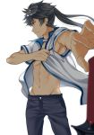  1boy abs armpit_peek black_hair kuromukuro male_focus maodaisuke ouma_kennosuke_tokisada ponytail scar shirt solo sword weapon 