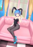  1girl alternate_costume animal_ears arm_at_side artist_name bangs bare_shoulders black_legwear black_leotard blue_eyes blue_hair blue_shoes blush bob_cut breasts bunny_tail bunnysuit checkered checkered_floor cleavage copyright_name couch curtains door dutch_angle ear_pull eyebrows eyebrows_visible_through_hair fake_animal_ears floor frame full_body hair_ornament hairband hairclip high_heels indoors leotard looking_at_viewer medium_breasts on_couch painting_(object) pantyhose rabbit_ears re:zero_kara_hajimeru_isekai_seikatsu rem_(re:zero) shoes short_hair sitting sky solo strapless strapless_leotard tail violet_(eightonemini) wall wrist_cuffs x_hair_ornament 