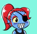  &gt;:d 1girl :d aqua_background blue_skin blush chibi eyepatch eyeshadow gyate_gyate lowres makeup monster monster_girl open_mouth ponytail redhead sharp_teeth simple_background smile solo tank_top teeth undertale undyne upper_body yaruky yellow_sclera 