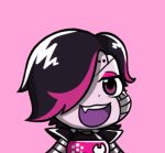  &gt;:3 &gt;:d 1boy :3 :d android black_hair brown_eyes chibi eyelashes eyeshadow fang grey_skin gyate_gyate hair_over_one_eye looking_at_viewer lowres makeup male_focus mettaton mettaton-ex mettaton_ex multicolored_hair open_mouth pink_background robot simple_background smile solo spoilers two-tone_hair undertale upper_body yaruky 
