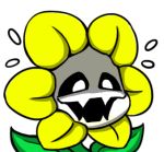  black_sclera chibi evil_smile fangs flower flowey_(undertale) flying_sweatdrops grin gyate_gyate lowres open_mouth shaded_face simple_background smile solo spoilers undertale white_background yaruky 