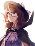  1girl black_cape black_hat bow brown_eyes brown_hair cape closed_mouth collared_shirt fedora glasses hat hat_bow hat_ornament kaede_(mmkeyy) long_sleeves low_twintails purple_vest red-framed_eyewear semi-rimless_glasses serious shirt simple_background solo touhou twintails under-rim_glasses upper_body usami_sumireko vest white_background white_bow white_shirt wing_collar 