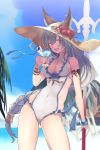  1girl absurdres beach bracer braid breasts cleavage contrapposto covered_navel day drink drinking_straw erun_(granblue_fantasy) flower granblue_fantasy hat heles hibiscus highres holding kumonji_aruto long_hair looking_at_viewer medium_breasts one-piece_swimsuit outdoors polearm silver_hair single_braid smile solo standing summer sun_hat swimsuit very_long_hair weapon white_swimsuit yellow_eyes 