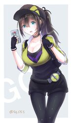  10s 1girl backpack bag baseball_cap belt black_legwear blue_eyes breasts brown_hair cellphone choker cleavage cowboy_shot female_protagonist_(pokemon_go) fingerless_gloves gloves hat highres holding_phone leggings long_hair phone poke_ball_print pokemon pokemon_go ponytail smartphone solo sweatdrop sy_1755 thigh_gap twitter_username white_background 