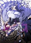  2boys constricted_pupils electricity enemy_yari gloves grey_hair hakama historical_revisionist japanese_clothes long_hair looking_at_another male_focus multiple_boys open_mouth pale_skin panya pom_pom_(clothes) purple_hair scar shirtless skeleton tonbokiri_(touken_ranbu) touken_ranbu twitter_username 