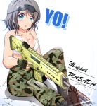  1girl ankoiri assault_rifle bikini_top blue_eyes blush boots breasts brown_hair camouflage camouflage_pants cleavage fingerless_gloves gloves goggles goggles_on_head gun hair_ornament holding holding_gun holding_weapon love_live! love_live!_school_idol_project love_live!_sunshine!! military open_mouth pants rifle short_hair sitting solo sweat swimsuit tattoo text trigger_discipline watanabe_you weapon 