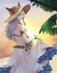  1girl animal_ears armlet bangs bikini bracelet cat_ears erun_(granblue_fantasy) flower frilled_skirt frills from_behind g.w. granblue_fantasy hair_between_eyes hair_tubes hat hat_flower heles hibiscus highres jewelry leaf long_hair long_skirt looking_back ocean orange_eyes outdoors palm_tree silver_hair skirt skirt_lift sky smile solo sun sun_hat sunset swimsuit tree water white_bikini white_skirt 