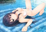  1girl absurdres bad_anatomy bad_feet bare_legs barefoot bikini black_hair breasts coffee-kizoku hair_over_breasts highres huge_filesize inflatable_raft long_hair lying medium_breasts navel on_back original outdoors poorly_drawn purple_hair shiramine_rika solo strap_gap swimsuit white_bikini 