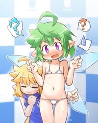  2girls ? bikini blonde_hair blush child closed_eyes eyebrows eyebrows_visible_through_hair fairy fang kso meyuu_(kso) multiple_girls navel open_mouth original pointy_ears shiny shiny_hair side-tie_bikini sweatdrop swimsuit thigh_gap untying wings 