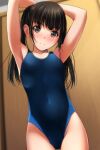  1girl absurdres armpits arms_behind_head arms_up bangs bare_arms bare_shoulders black_hair blue_swimsuit blurry blurry_background blush brown_eyes closed_mouth collarbone competition_swimsuit covered_navel cowboy_shot depth_of_field eyebrows_visible_through_hair highres indoors long_hair looking_at_viewer matsunaga_kouyou nose_blush one-piece_swimsuit original smile solo swimsuit twintails 