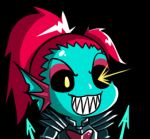  &gt;:3 &gt;:d :3 :d aqua_skin armor black_background black_sclera chibi eyeshadow glint glowing glowing_eye grin gyate_gyate lowres makeup open_mouth polearm ponytail redhead sharp_teeth simple_background smile solo spear spoilers teeth undertale undyne undyne_the_undying upper_body weapon yaruky yellow_eyes 