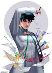  1boy arm_over_head art_brush black_hair blue_eyes coat headband highres ink jojo_no_kimyou_na_bouken kishibe_rohan long_sleeves looking_at_viewer male_focus milnoe paint paintbrush paper short_hair sketchbook solo twitter_username 