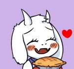  1girl blush blush_stickers chibi closed_eyes eyelashes fangs gyate_gyate heart horns lowres monster open_mouth oven_mitts pie purple_background simple_background smile solo toriel undertale upper_body white_hair yaruky 
