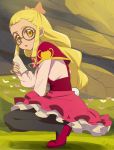  1girl black_legwear blonde_hair bow capelet emily_(mahou_girls_precure!) glasses hair_bow haruyama_kazunori long_hair mahou_girls_precure! orange_bow pantyhose pink_skirt precure skirt solo squatting yellow_eyes 