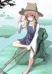  1girl adjusting_clothes adjusting_hat artist_name barefoot blonde_hair blue_skirt blue_vest blush closed_mouth dated fishing fishing_rod frog full_body hair_ribbon hat hirame_sa lily_pad long_sleeves looking_at_viewer moriya_suwako red_ribbon ribbon shaded_face sidelocks sitting sitting_on_animal skirt skirt_set solo touhou tress_ribbon wide_sleeves yellow_eyes 