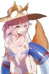  1girl animal_ears bikini_top breasts cleavage fate/extra fate/grand_order fate_(series) fox_ears fox_tail hat highres innertube long_hair pink_hair shirt smile solo sun_hat tail tamamo_(fate)_(all) tamamo_no_mae_(swimsuit_lancer)_(fate) wet wet_clothes wet_shirt yaman yellow_eyes 