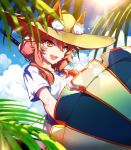  1girl :d animal_ears clouds fate/extra fate/grand_order fate_(series) fox_ears hat long_hair open_mouth parasol pink_hair shirt sky smile solo sun sun_hat sweat tamamo_(fate)_(all) tamamo_no_mae_(swimsuit_lancer)_(fate) umbrella upper_body wingtemple yellow_eyes 