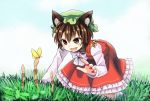  1girl :3 akidzuki_haruhi animal_ears blush bow brown_eyes brown_hair butterfly cat_ears chen chinese_clothes day fang frilled_skirt frills hat kneeling mob_cap nail_polish outdoors red_skirt skirt smile socks solo touhou white_bow white_legwear 
