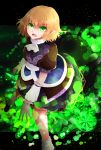  &gt;:o 1girl :o arano_oki arm_warmers black_skirt blonde_hair danmaku green_eyes highres japanese_clothes looking_at_viewer mizuhashi_parsee open_mouth pointy_ears scarf shaded_face short_hair short_sleeves skirt solo touhou white_scarf 