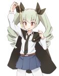 1girl anchovy coupon_(skyth) drill_hair eating food girls_und_panzer grey_hair necktie pizza school_uniform skirt solo twin_drills 