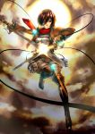  1girl brown_eyes brown_hair dual_wielding hair_between_eyes highres holding holding_sword holding_weapon long_hair mikasa_ackerman military military_uniform red_scarf scarf shingeki_no_kyojin short_hair signature solo sword three-dimensional_maneuver_gear uniform weapon 