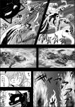  1girl animal animal_ears battle blood burning cat cat_ears cat_tail comic fire greyscale highres kaenbyou_rin kaenbyou_rin_(cat) komeiji_satori monochrome monster multiple_tails niiko_(gonnzou) no_pupils open_mouth sharp_teeth speed_lines tail teeth touhou translation_request 