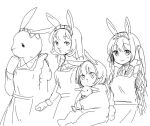  4girls :&lt; animal animal_ears apron bangs bow braid buck_teeth bunny_tail female furry hair_between_eyes holding_animal long_hair long_sleeves maid maid_apron maid_headdress monochrome multiple_girls original rabbit rabbit_ears short_hair simple_background smile tail twin_braids white_background yuzuki_gao 